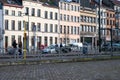 Brussels Old Town, Belgium - Tramway stop at the Ninove gate with residential houses int he background