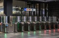 Brussels Old Town, Brussels Capital Region , Belgium - Access control gates at the renovated interior of the de Beurs - La Bourse