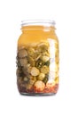 Brussels sprouts and green chilies, homemade and fermented, in a glass jar