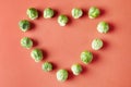 Brussels sprouts heart love shape on red background. Seasonal vegetables in modern style pattern