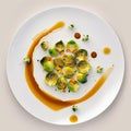 Brussels sprouts on a white plate with sauce. Vegetarian food. View from above. White background