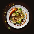 Brussels sprouts on a white plate with sauce. Vegetarian food. View from above. Black background