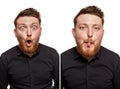 Brutal, attractive, bearded man poses in a black shirt, isolated on a white background Royalty Free Stock Photo