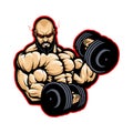 brutal bearded bodybuilder torso with heavy dumbbells