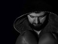 Brutal bearded boxer in hood. ready to fight. Boxing, workout, muscle, strength, power - sport concept.