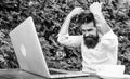 Brutal bearded hipster need coffee break. agile business. solve problem. deadline. a lot of work. Frustrated office Royalty Free Stock Photo