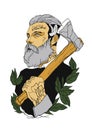 Brutal bearded man, macho with an ax in his hand