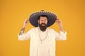 brutal bearded man in mexican sombrero hat. mexican day of the dead. national mexico holiday. mexican hat sombrero and Royalty Free Stock Photo