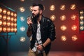 Brutal bearded singer with microphone on the stage