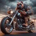 Brutal dog rides a motorcycle. Generated AI