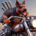 Brutal dog rides a motorcycle. Generated AI