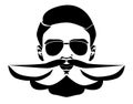 Brutal elegant bearded man face in sunglasses. Vector hipster character. Fashion silhouette, avatar, emblem, logo with moustached