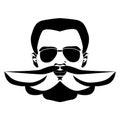 Brutal elegant bearded man face in sunglasses. Vector hipster character. Fashion silhouette, avatar, emblem, logo with moustached