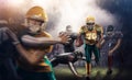 Brutal football action on 3d sport arena. mature players with ball Royalty Free Stock Photo