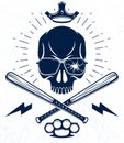 Brutal gangster emblem or logo with aggressive skull baseball bats design elements, vector anarchy crime or terrorism retro style