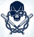 Brutal gangster emblem or logo with aggressive skull baseball bats design elements, vector anarchy crime or terrorism retro style