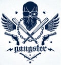 Brutal gangster emblem or logo with aggressive skull baseball bats and other weapons and design elements, vector anarchy crime or