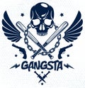 Brutal gangster emblem or logo with aggressive skull baseball bats and other weapons and design elements, vector anarchy crime or