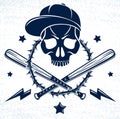 Brutal gangster emblem or logo with aggressive skull baseball bats and other weapons and design elements, vector anarchy crime or