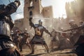 Brutal historical battle in courtyard of medieval castle. Generative AI