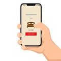 Brutal human hand holding smartphone with hotel reservation application ui flat style illustration