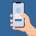 Brutal human hand holding smartphone with sign in application ui flat style illustration