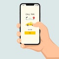 Brutal human hand holding smartphone with taxi application ui flat style illustration