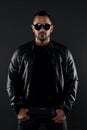 Brutal macho in leather jacket. Bearded man in fashion sunglasses. Mens sexuality and attraction. Fashion model in sunglasses. Man Royalty Free Stock Photo