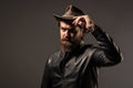 Brutal man cowboy hat leather jacket, masculinity concept Royalty Free Stock Photo