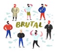 Brutal Man Flat Characters Collection. Funny Bearded Strong Guys Cartoons. Lumberjack, Strongman, Hipster