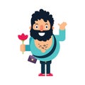 Brutal man in love gives a red flower. Vector illustration in flat style. Character design