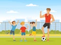 Brutal Man Sports Coach with Whistle Giving Instruction and Training Kids Football Outdoor Vector Illustration