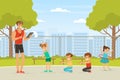 Brutal Man Sports Coach with Whistle Giving Instruction and Training Kids Outdoor Vector Illustration