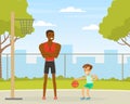 Brutal Man Sports Coach with Whistle Giving Instruction and Training Little Boy Basketball Outdoor Vector Illustration