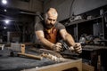 Brutal master carpenter in an apron planes tree with a plane in workshop