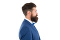 Brutal mature man with perfect haircut in profile. bearded hipster isolated on white. barbershop salon concept. grow