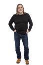 Brutal middle-aged man with long hair, full-length. Isolated on a white background. Royalty Free Stock Photo