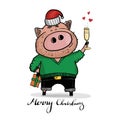 Brutal pig with a glass of champagne and a gift in Santa`s hat. Chinese New Year.