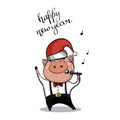 Brutal pig sings a song in costume and Santa`s hat. Chinese New Year.