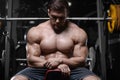 Brutal strong bodybuilder athletic men pumping up muscles with d