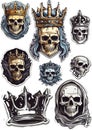 Brutal skulls with crowns mystical set of stickers