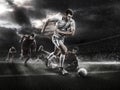 Brutal Soccer action on rainy 3d sport arena. mature player with ball Royalty Free Stock Photo