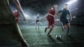 Brutal Soccer action on rainy 3d sport arena. mature player with ball