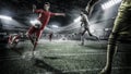 Brutal Soccer action on rainy 3d sport arena. mature player with ball Royalty Free Stock Photo