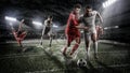 Brutal Soccer action on rainy 3d sport arena. mature player with ball Royalty Free Stock Photo