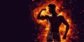 Brutal strong athletic Bodybuilder posing. Fire and spark explosion in the background. Royalty Free Stock Photo