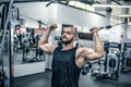 Brutal strong athletic men pumping up muscles workout bodybuilding concept background - muscular bodybuilder handsome man doing Royalty Free Stock Photo