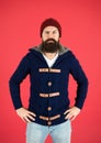 Brutal temper. Fashion menswear shop. Masculine clothes concept. Winter menswear. Clothes design. Man bearded warm