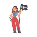 Brutal Woman Pirate or Buccaneer Character with Black Flag and Sabre as Marine Robber Vector Illustration Royalty Free Stock Photo