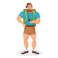 Brutal Young Bearded Hipster male in eyeglasses with a packsack travel and camera. Travelling with the knapsack. Vector Royalty Free Stock Photo